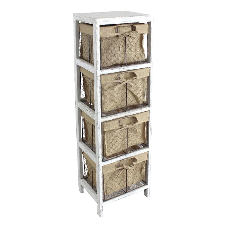 4-Tier White Wooden Shelf With Wire Baskets 1 4-Tier White Wooden Shelf With Wire Baskets