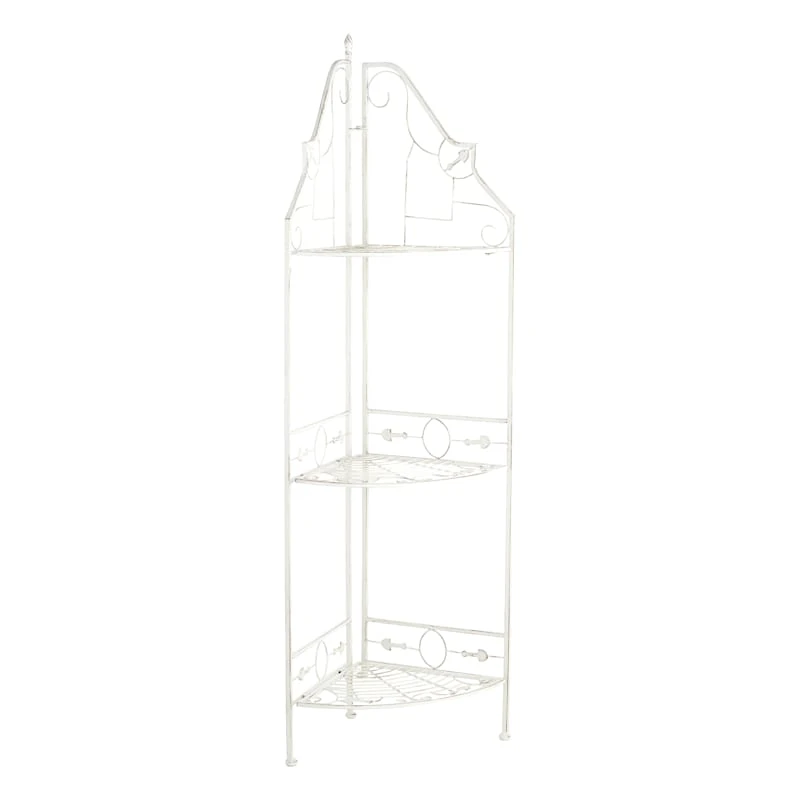 Antique White Scrolled Metal Folding Corner Shelf Rack, 51.5" 1 Antique White Scrolled Metal Folding Corner Shelf Rack, 51.5"