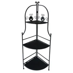 Black Metal Corner Rack With Folding Wooden Shelves, 48"
