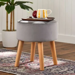 Emmy Grey Velvet Round Wood Leg Ottoman -Accent Aura Furniture Store emmy grey velvet round wood leg ottoman 4