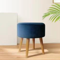 Emmy Navy Blue Velvet Round Wood Leg Ottoman -Accent Aura Furniture Store emmy navy blue velvet round wood leg ottoman 4