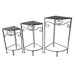 Fan Shaped Wood Top Plant Stand With Rustic Double Tube Metal Leg, Medium