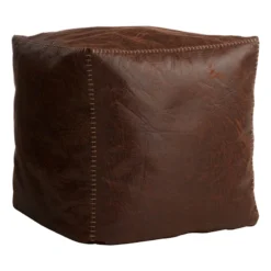 Honeybloom Faux Leather Brown Pouf With Baseball Stitch