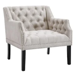 Lena Ivory Velvet Tufted Armchair With Nailhead Trim