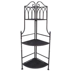 Metal Corner Rack With Brown Decorative Arch & Folding Wood-Top Shelves, 47"