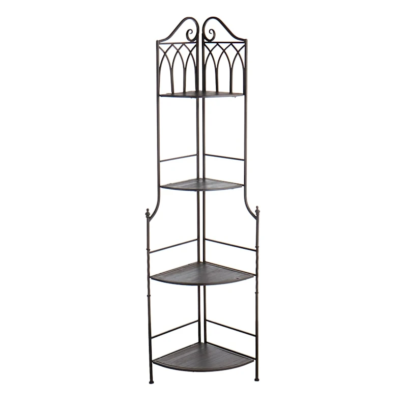 Metal Corner Rack With Brown Decorative Arch & Folding Wood-Top Shelves, 63" 2 Metal Corner Rack With Brown Decorative Arch & Folding Wood-Top Shelves, 63" - Image 2