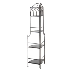 Metal Corner Rack With Brown Decorative Arch & Folding Wood-Top Shelves, 63" 8 Metal Corner Rack With Brown Decorative Arch & Folding Wood-Top Shelves, 63" -Accent Aura Furniture Store metal corner rack with brown decorative arch folding wood top shelves 63 2