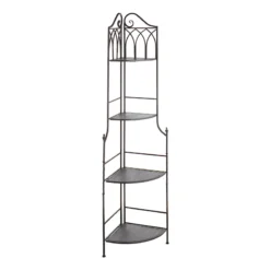 Metal Corner Rack With Brown Decorative Arch & Folding Wood-Top Shelves, 63"