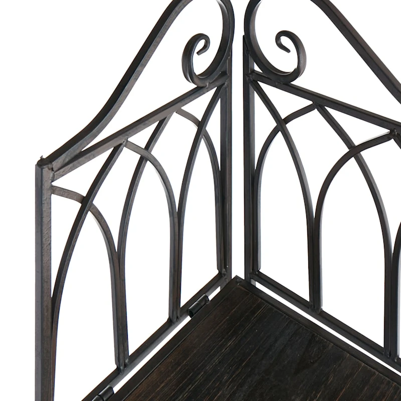 Metal Corner Rack With Brown Decorative Arch & Folding Wood-Top Shelves, 63" 4 Metal Corner Rack With Brown Decorative Arch & Folding Wood-Top Shelves, 63" - Image 4