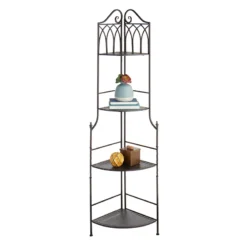 Metal Corner Rack With Brown Decorative Arch & Folding Wood-Top Shelves, 63" 11 Metal Corner Rack With Brown Decorative Arch & Folding Wood-Top Shelves, 63" -Accent Aura Furniture Store metal corner rack with brown decorative arch folding wood top shelves 63 5
