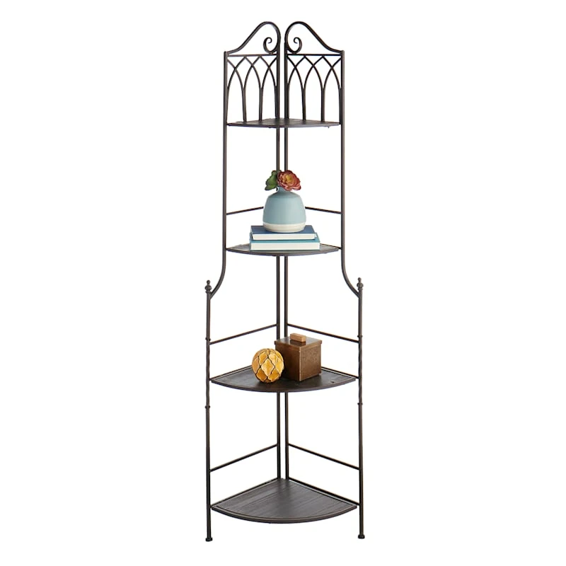 Metal Corner Rack With Brown Decorative Arch & Folding Wood-Top Shelves, 63" 6 Metal Corner Rack With Brown Decorative Arch & Folding Wood-Top Shelves, 63" - Image 6