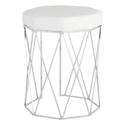 Prisma Chrome Wire Vanity Stool/Padded White Faux Leather Seat