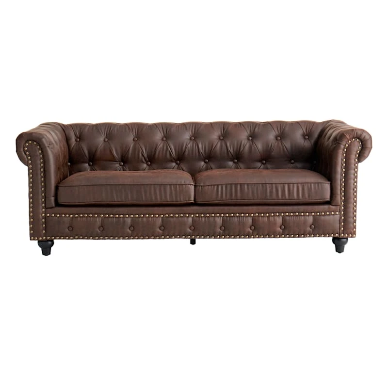 Providence Chesterfield Brown Faux Leather Tufted Sofa, 79" 3 Providence Chesterfield Brown Faux Leather Tufted Sofa, 79" - Image 3