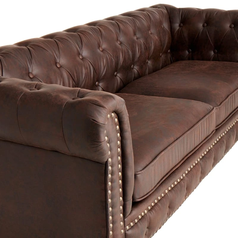 Providence Chesterfield Brown Faux Leather Tufted Sofa, 79" 4 Providence Chesterfield Brown Faux Leather Tufted Sofa, 79" - Image 4