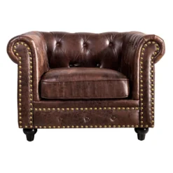 Providence Chesterfield Tufted Brown Faux Leather Rolled Armchair -Accent Aura Furniture Store providence chesterfield tufted brown faux leather rolled armchair 1