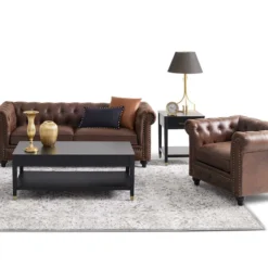 Providence Chesterfield Tufted Brown Faux Leather Rolled Armchair -Accent Aura Furniture Store providence chesterfield tufted brown faux leather rolled armchair 3