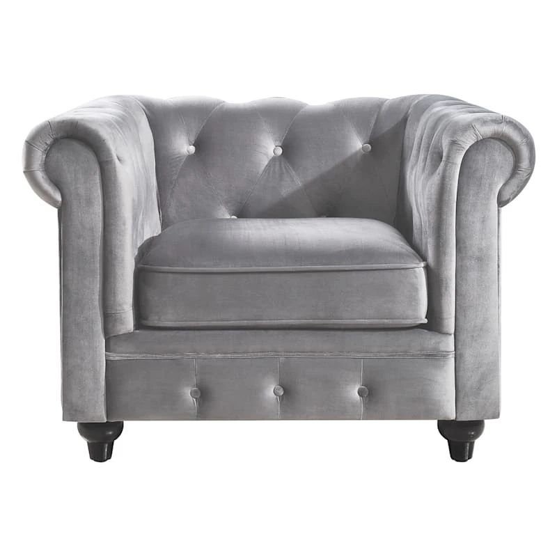 Providence Chesterfield Tufted Grey Velvet Rolled Armchair 2 Providence Chesterfield Tufted Grey Velvet Rolled Armchair - Image 2