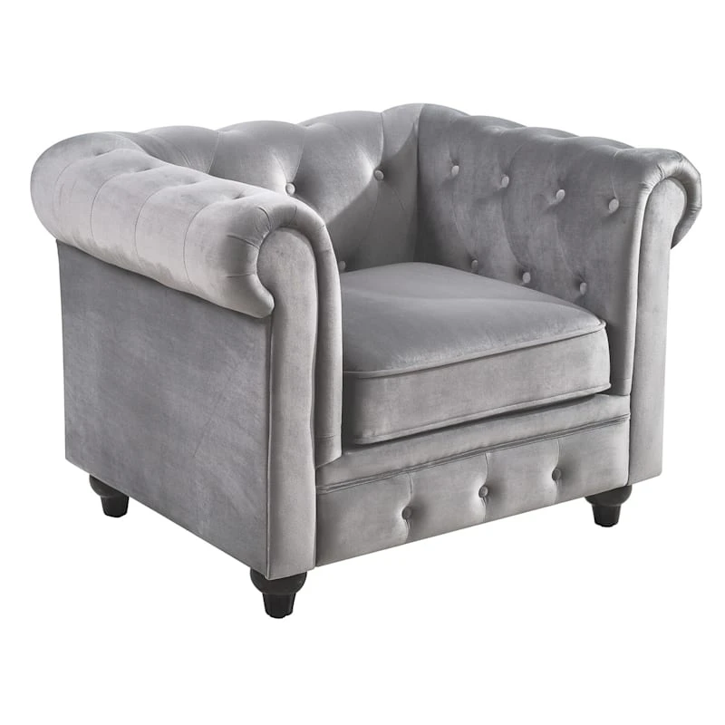 Providence Chesterfield Tufted Grey Velvet Rolled Armchair 1 Providence Chesterfield Tufted Grey Velvet Rolled Armchair
