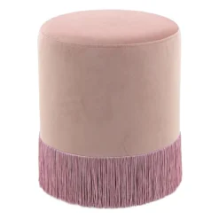 Round Ottoman With Fringe, Blush Velvet