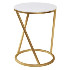 Round Quartz Top Accent Table With Gold Metal Base, Large