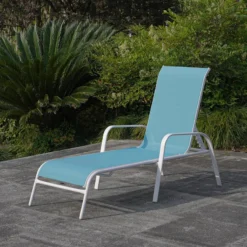 Stackable Aquarelle Blue Sling Outdoor Chaise Lounge Chair With White Frame -Accent Aura Furniture Store stackable aquarelle blue sling outdoor chaise lounge chair with white frame 6