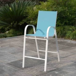 Stackable Aquarelle Blue Sling Patio Barstool With White Frame -Accent Aura Furniture Store stackable aquarelle blue sling patio barstool with white frame 6