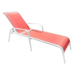 Stackable Coral Sling Outdoor Chaise Lounge Chair With White Frame