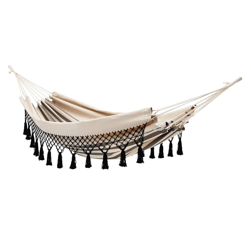 Tan & Black Striped Outdoor Hammock With Tassels 1 Tan & Black Striped Outdoor Hammock With Tassels