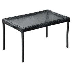 Tempered Glass Top Outdoor Wicker Coffee Table, Black