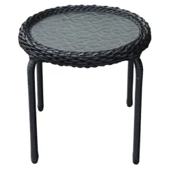 Tempered Glass Top Outdoor Wicker End Table, Black -Accent Aura Furniture Store tempered glass top outdoor wicker end table black 1