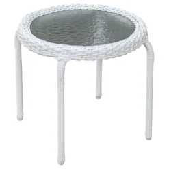 Tempered Glass Top Outdoor Wicker End Table, White
