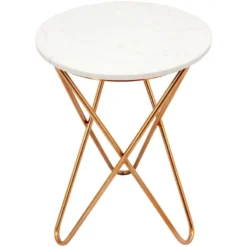 White Marble-Top Side Table With Gold Metal Hairpin Legs
